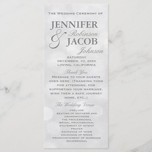 Soft Silver und White Bokeh Lights Hochzeitsprogra Programm (Vorderseite)