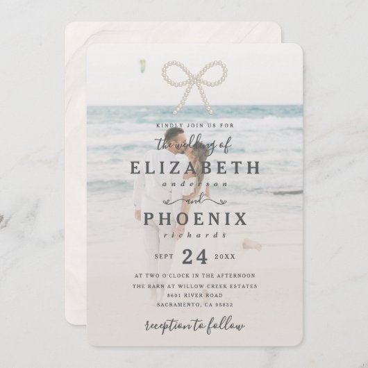 Soft Simple Pearl Bow Custom Photo Elegant Wedding Einladung (Vorne/Hinten)