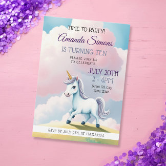Soft Sky Unicorn Whimsical Girl 10th Birthday Einladung