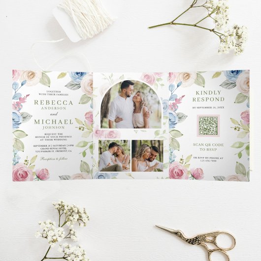 Soft Spring Floral All in One QR Code Wedding Dreifach Gefaltete Einladung