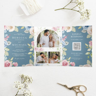 Soft Spring Floral Dusty Blue QR Code Wedding Dreifach Gefaltete Einladung