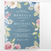 Soft Spring Floral Dusty Blue QR Code Wedding Dreifach Gefaltete Einladung (Innen Erste Seite)