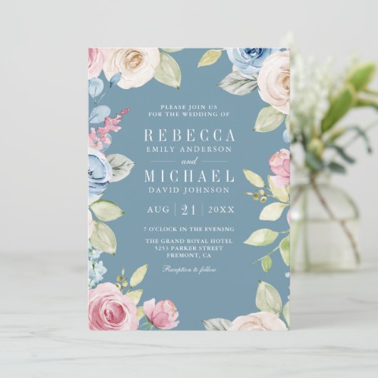 Soft Spring Floral Dusty Blue QR Code Wedding Einladung (Stehend Vorderseite)