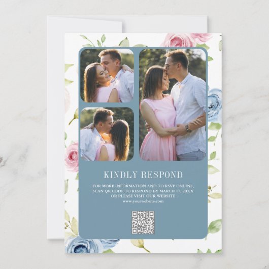 Soft Spring Floral Dusty Blue QR Code Wedding Einladung (Rückseite)