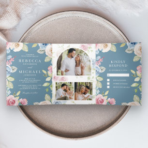 Soft Spring Floral Dusty Blue Wedding Dreifach Gefaltete Einladung
