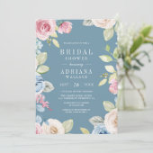 Soft Spring Floral Foto Dusty Blue Brautparty Einladung (Stehend Vorderseite)