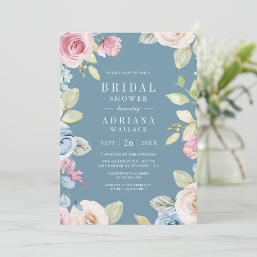 Soft Spring Floral Foto Dusty Blue Brautparty Einladung (Stehend Vorderseite)