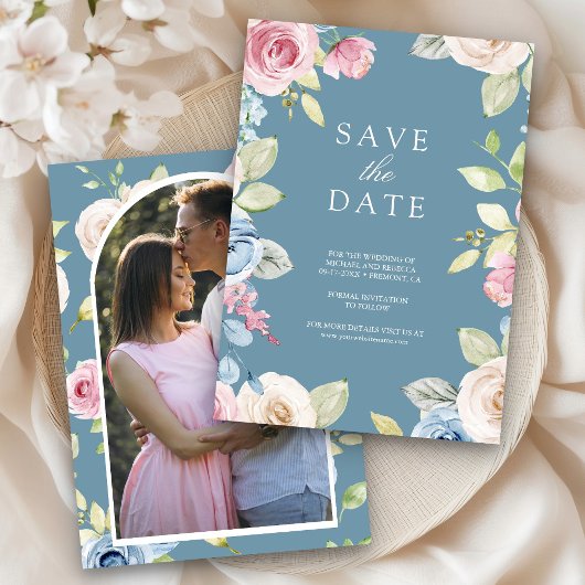 Soft Spring Floral Foto Dusty Blue Wedding Save The Date
