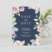 Soft Spring Floral Foto Navy Blue Wedding Save The Date (Stehend Vorderseite)