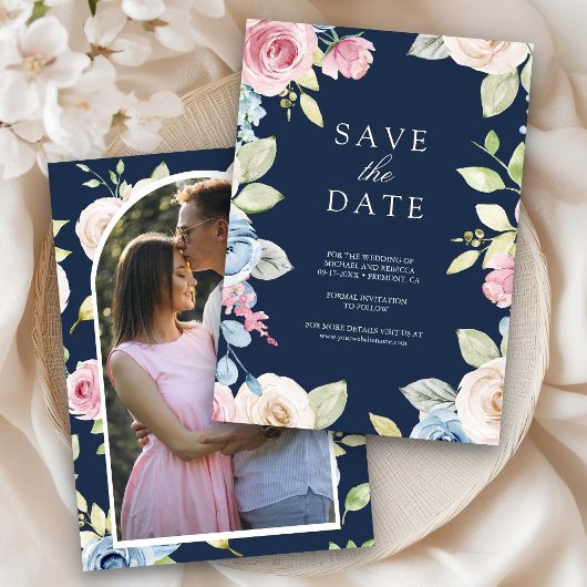 Soft Spring Floral Foto Navy Blue Wedding Save The Date