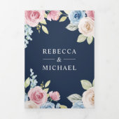 Soft Spring Floral Navy Blue QR Code Hochzeit Dreifach Gefaltete Einladung (Cover)