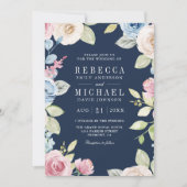 Soft Spring Floral Navy Blue QR Code Hochzeit Einladung (Vorderseite)