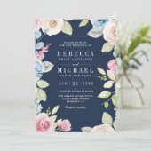 Soft Spring Floral Navy Blue QR Code Hochzeit Einladung (Stehend Vorderseite)