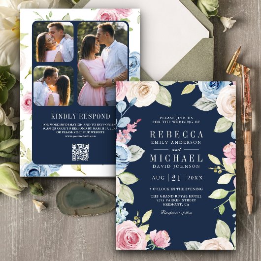 Soft Spring Floral Navy Blue QR Code Hochzeit Einladung