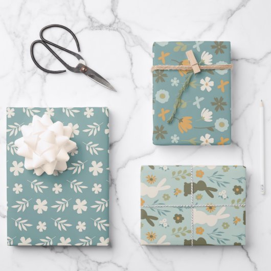Soft Spring Hues Floral Bunny Set 3 Geschenkpapier Set (Vorderseite)