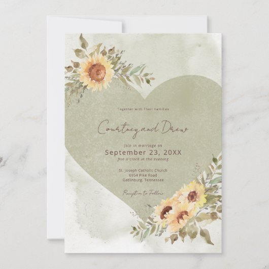 Soft Sunflowers Boho Heart Wedding Einladung (Vorderseite)