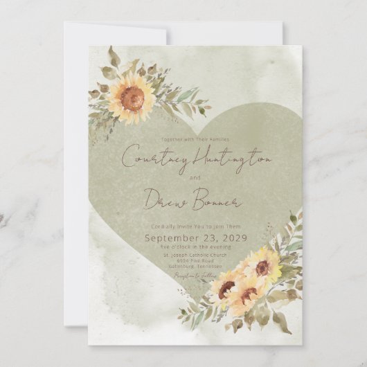 Soft Sunflowers Boho Heart Wedding Einladung (Vorderseite)