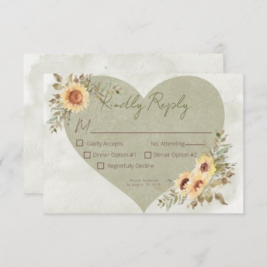 Soft Sunflowers Boho Heart Wedding RSVP Karte (Vorne/Hinten)