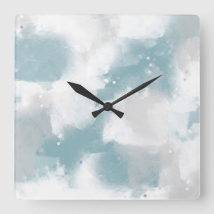 Soft Teal Gray & White Abstract Brushstrokes Quadratische Wanduhr