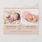 Soft Terracotta Moderne Twins Geburtsankündigung Postkarte (Vorderseite)