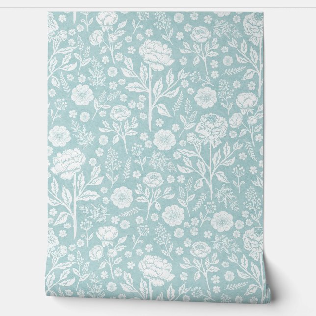  Soft Turquoise Blue Peony Roses Hand-Drawn  Tapete (Abrollen)