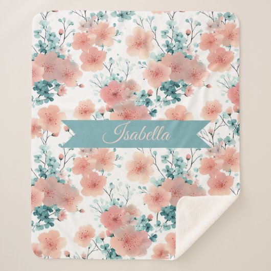 Soft Vintage Spring Pink Floral Personalized Sherpadecke (Vorderseite)