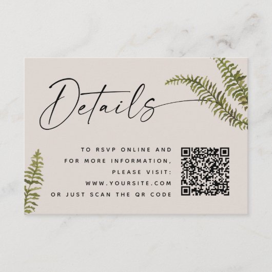 Soft Warm Taupe Fern Wedding Details. Botanical QR Begleitkarte (Vorderseite)
