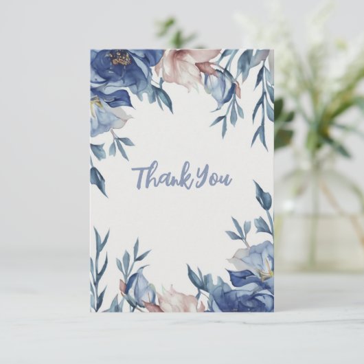 Soft Watercolor Blue Floral Dankeskarte (Stehend Vorderseite)