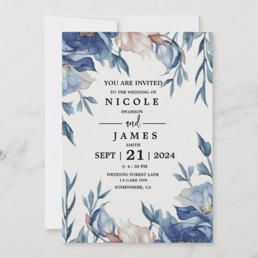 Soft Watercolor Blue Floral Einladung (Vorderseite)