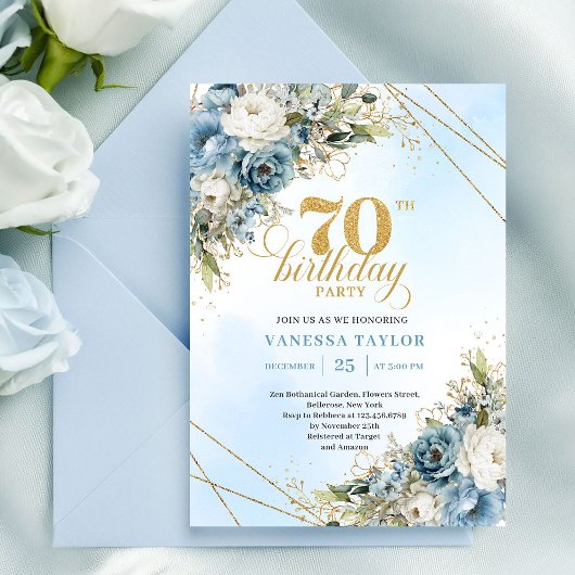 Soft watercolor blue florals gold 70th birthday  einladung