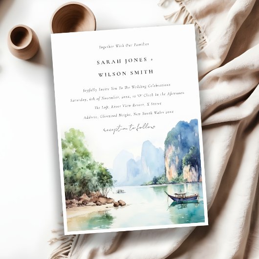 Soft Watercolor Coastal Thailand Seascape Wedding Einladung