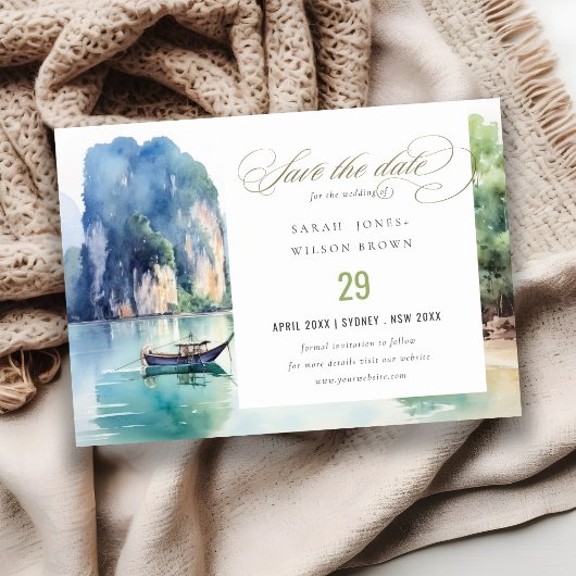 Soft Watercolor Coastal Thailand Seascape Wedding Save The Date