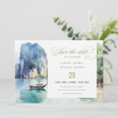 Soft Watercolor Coastal Thailand Seascape Wedding Save The Date (Stehend Vorderseite)
