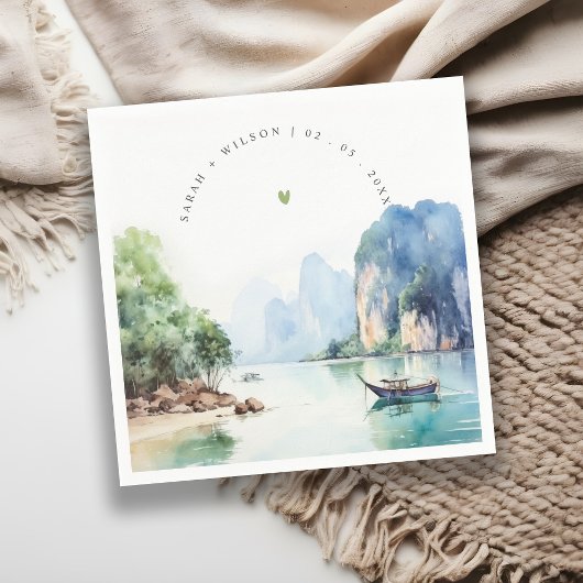 Soft Watercolor Coastal Thailand Seascape Wedding Serviette