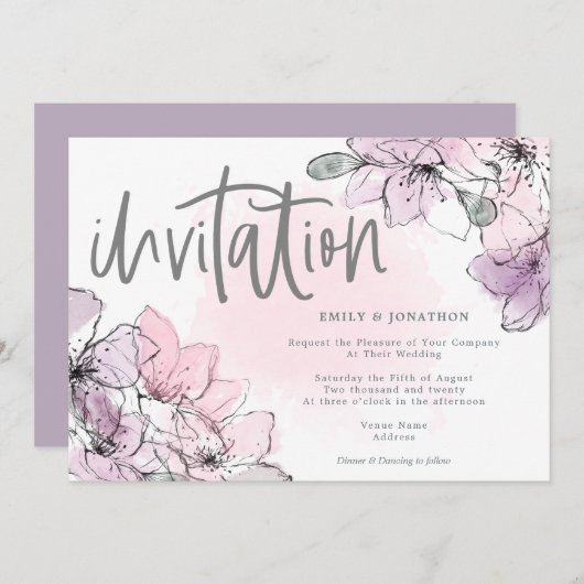 Soft Watercolor Florals Lilac Pink Script Wedding Einladung (Vorne/Hinten)