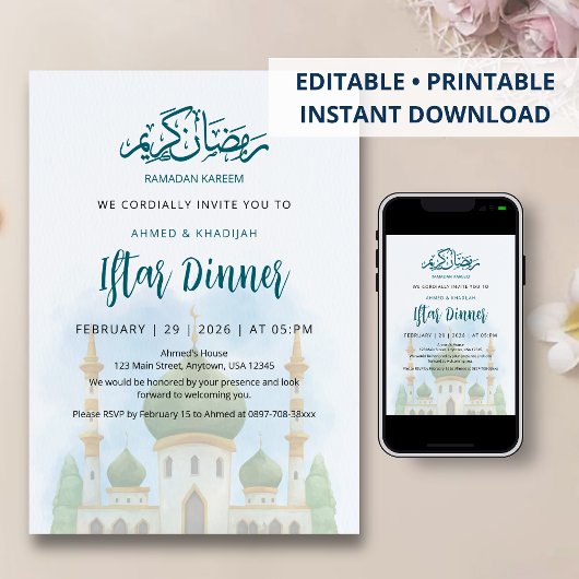 Soft Watercolor Green Dome Mosque Iftar Invitation Einladung