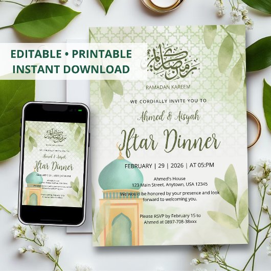 Soft Watercolor Green Mosque Ramadan Iftar Dinner Einladung
