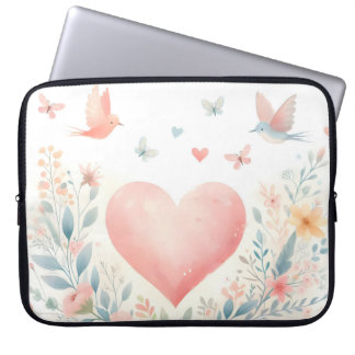 Soft Watercolor Heart Love Flowers Birds Laptopschutzhülle