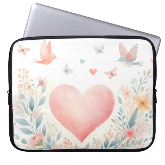 Soft Watercolor Heart Love Flowers Birds Laptopschutzhülle (Vorderseite)