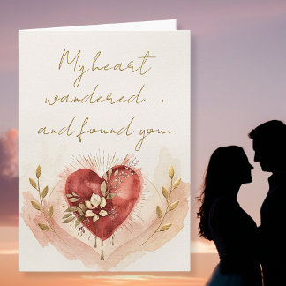 Soft Watercolor Heart with Warm Florals and Gold Feiertagskarte