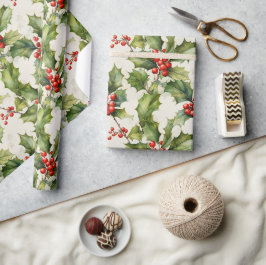 Soft Watercolor Holly & Berries Elegantes Design Geschenkpapier