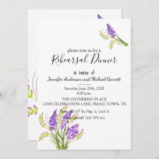 Soft Watercolor Lavender und Green Florals Einladung (Vorne/Hinten)