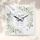 Soft Watercolour Leaves 25th Wedding Anniversary Quadratische Wanduhr<br><div class="desc">Featuring delicate soft watercolour leaves,  this chic botanical 25th wedding anniversary design can be personalised with your special anniversary information in elegant silver text. Designed by Thisisnotme©</div>