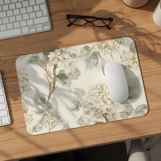 Soft White Hydrangea Floral Pattern Mousepad