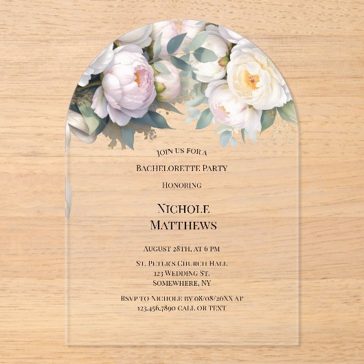 Soft White Peony with Eucalyptus Bachelorette Acryleinladungen (Vorderseite)