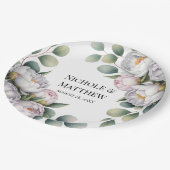 Soft White Peony with Eucalyptus Leaves Wedding Pappteller (Schrägansicht)
