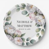 Soft White Peony with Eucalyptus Leaves Wedding Pappteller (Vorderseite)
