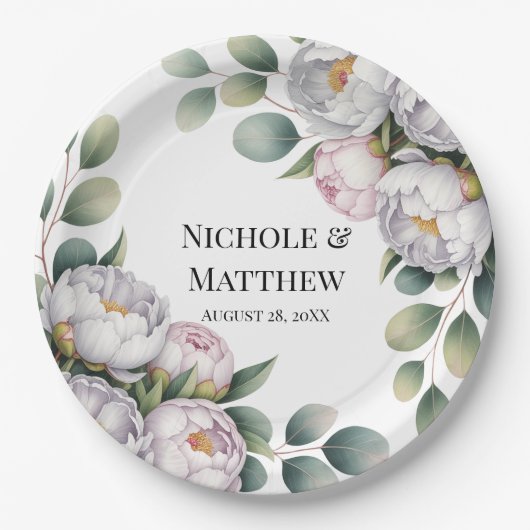 Soft White Peony with Eucalyptus Leaves Wedding Pappteller (Vorderseite)