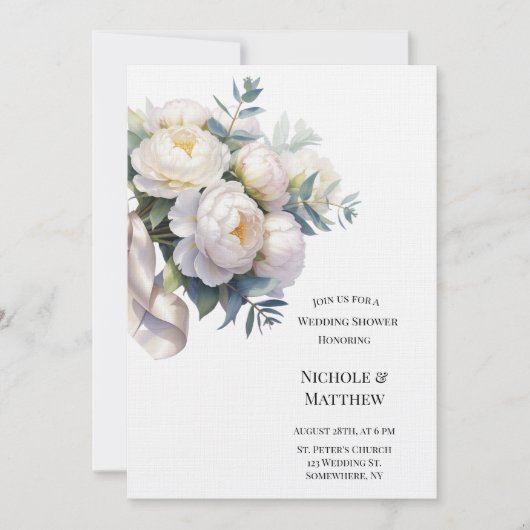 Soft White Peony with Eucalyptus Wedding Shower Einladung (Vorderseite)