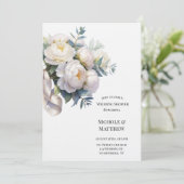 Soft White Peony with Eucalyptus Wedding Shower Einladung (Stehend Vorderseite)